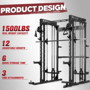 Pro Smith Machine with Cable Crossover, Multi-Function Squat Rack for Home Gym