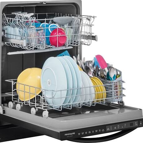Open dishwasher with clean dishes