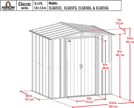 Arrow 6x5 Charcoal Classic Steel Shed Kit Measurements Diagram